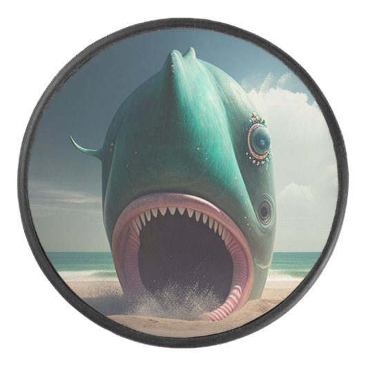 Shark sculpture on the beach hockey puck (Voorkant)