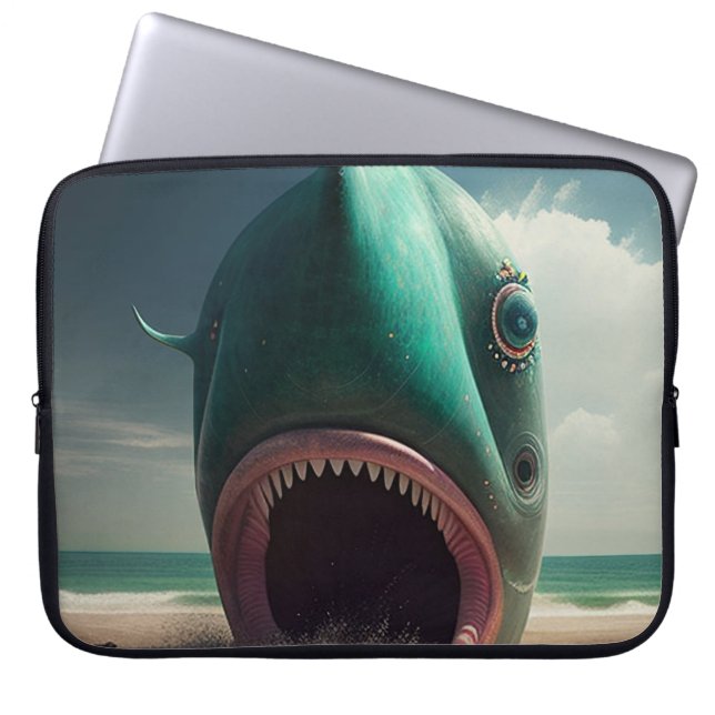 Shark sculpture on the beach laptop sleeve (Voorkant)