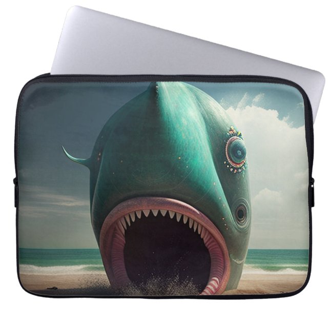 Shark sculpture on the beach laptop sleeve (Voorkant)
