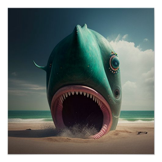Shark sculpture on the beach perfect poster (Voorkant)
