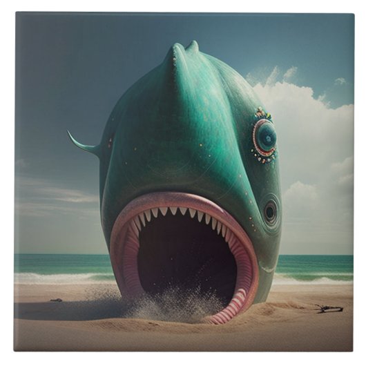 Shark sculpture on the beach tegeltje (Voorkant)