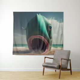 Shark sculpture on the beach wandkleed