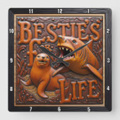 Shark Seal Brown Leather Carving Vierkante Klok (Voorkant)