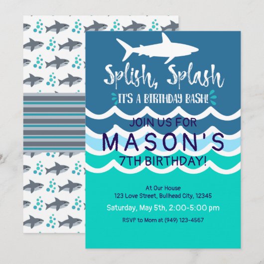 Shark Splash Party Swim Invitation Boys Summer Kaart (Voorkant / Achterkant)