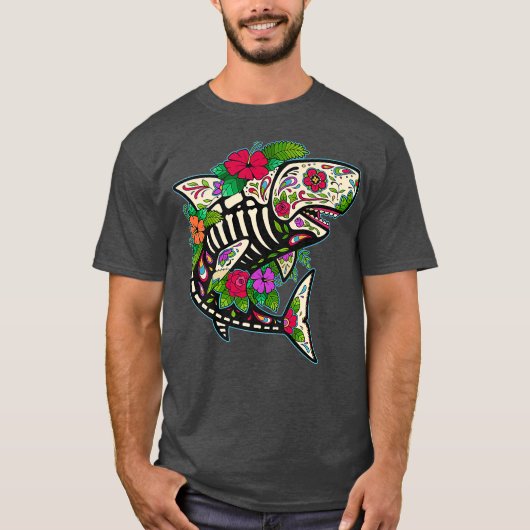 Shark Sugar Skull Calavera Mexico Dia De Los T-shirt (Voorkant)