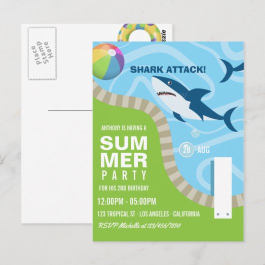 Shark Thed Summer Pool Birthday Party Briefkaart (Voorkant / Achterkant)