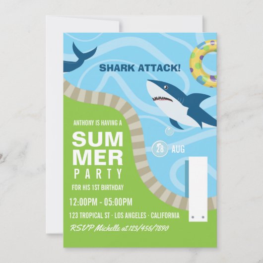 Shark Thed Summer Pool Birthday Party Kaart (Voorkant)