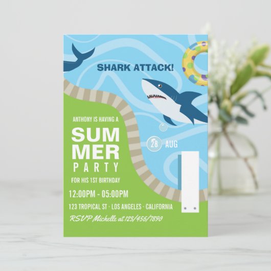 Shark Thed Summer Pool Birthday Party Kaart (Staand voorkant)