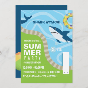 Shark Thed Summer Pool Birthday Party Kaart