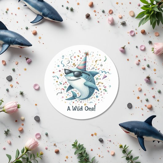 Shark Thema "Wild One" Verjaardagsfeestje Ronde Sticker