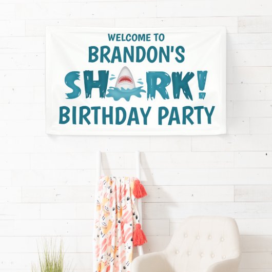 SHARK Theme Blue Blauwgroen Birthday Party Kind Ba Spandoek (Insitu)