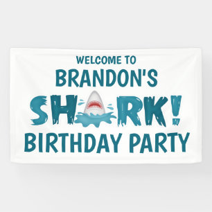 SHARK Theme Blue Blauwgroen Birthday Party Kind Ba Spandoek