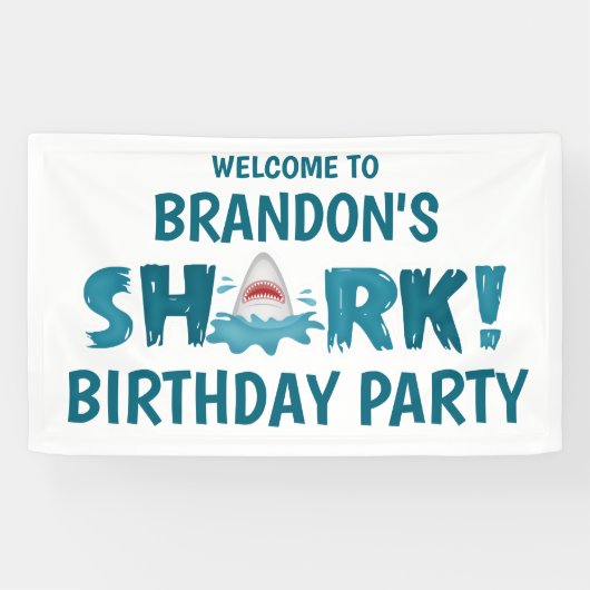 SHARK Theme Blue Blauwgroen Birthday Party Kind Ba Spandoek (Horizontaal)