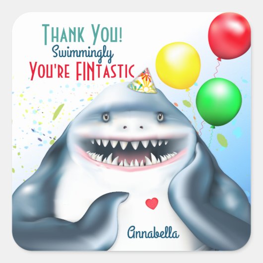 Shark Theme Fintastic Kids Birthday Hartelijk dank Vierkante Sticker (Voorkant)