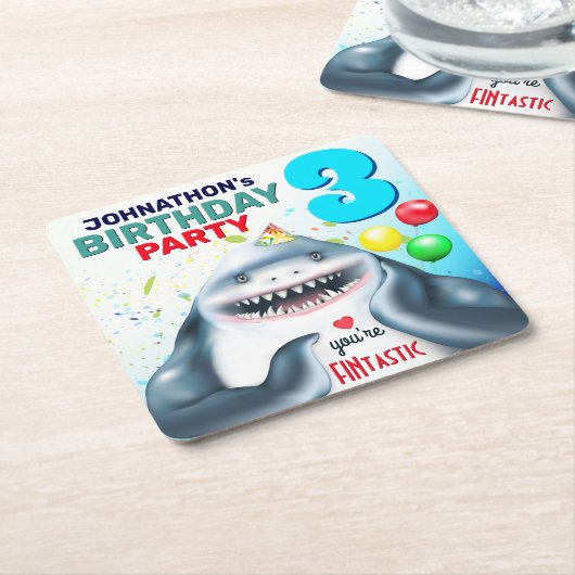 Shark Theme Fintastic Kids Birthday Kartonnen Onderzetters (Schuin)