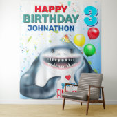 Shark Theme Fintastic Kids Birthday Party Backdrop Wandkleed (In situ)