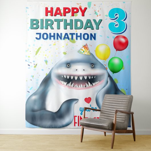 Shark Theme Fintastic Kids Birthday Party Backdrop Wandkleed (In situ)