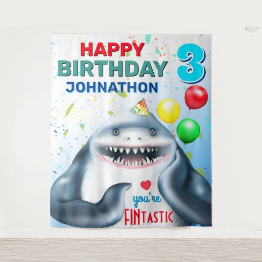 Shark Theme Fintastic Kids Birthday Party Backdrop Wandkleed (Voorkant)