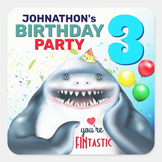 Shark Theme Fintastic Kids Birthday Vierkante Sticker (Voorkant)