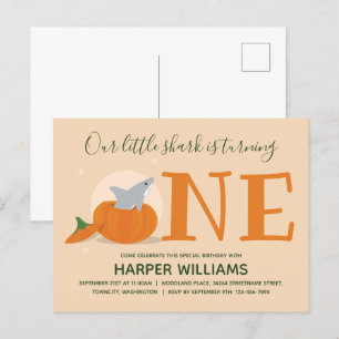 Shark Turing One Pumpkin First Birthday Uitnodiging Briefkaart