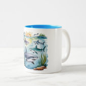 Shark Under The Zee Boy Verjaardag Tweekleurige Koffiemok (Voorkant rechts)