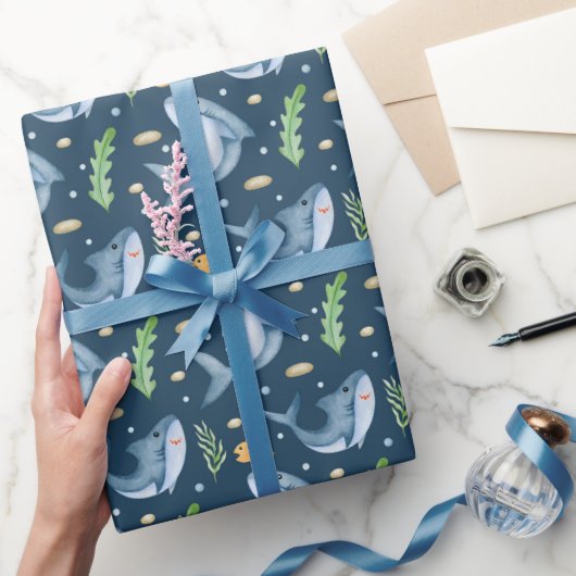Shark under the Zee Navy Blue Gift Wrapping Paper Cadeaupapier (Geschenken)