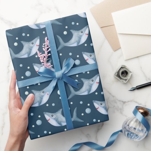 Shark under the Zee Navy Blue Wrapping Paper Cadeaupapier (Geschenken)