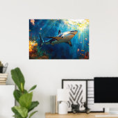 Shark Underwater Surrounded by Jellyfish Poster (Thuiskantoor)