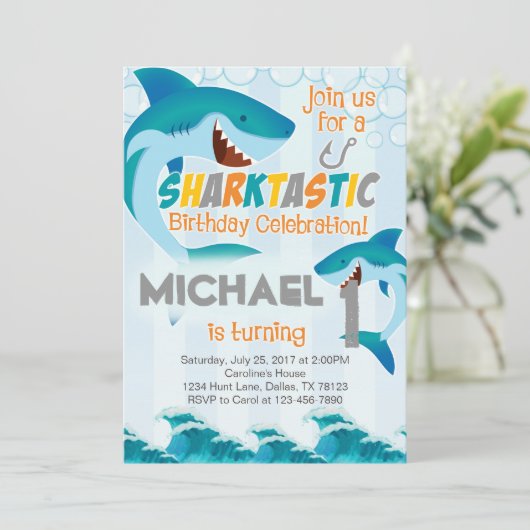 Shark verjaardagsfeestje uitnodiging Boy Summer (Staand voorkant)