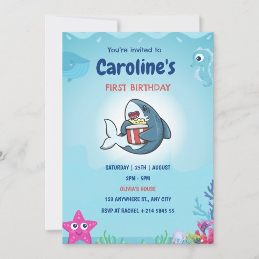 Shark verjaardagsfeestje uitnodigingen voor kinder (Voorkant)