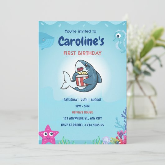 Shark verjaardagsfeestje uitnodigingen voor kinder (Staand voorkant)