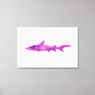 Shark Waterverf Silhouette Paars Roze Blauw Canvas Afdruk