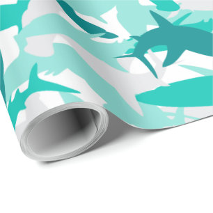 Shark White & Blauwgroen Camouflage Print Verpakki Cadeaupapier