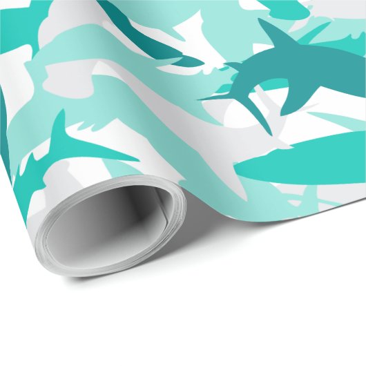 Shark White & Blauwgroen Camouflage Print Verpakki Cadeaupapier (Rol Hoek)