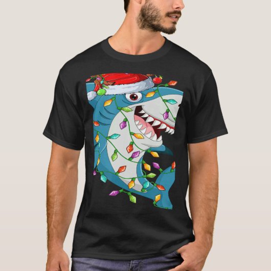 Shark Xmas Lights Reindeer Santa Shark Christmas T-shirt (Voorkant)