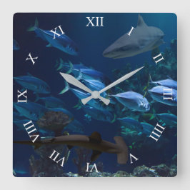 Sharks and School of Fish in Blue Ocean Wall Clock Vierkante Klok