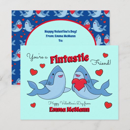 Sharks Cute Kinder Classroom Valentijn Card Briefkaart (Voorkant / Achterkant)