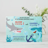 Sharks siblings boy verjaardagsuitnodiging. kaart (Staand voorkant)