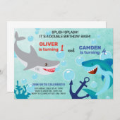 Sharks siblings boy verjaardagsuitnodiging. kaart (Voorkant / Achterkant)