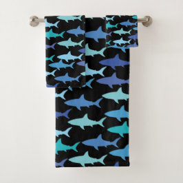 Sharks Silhouettes Shades of Blue-Black Background Bad Handdoek