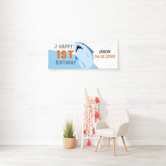 Sharp 1st Birthday Party Boys Name Custom Banner (Insitu)