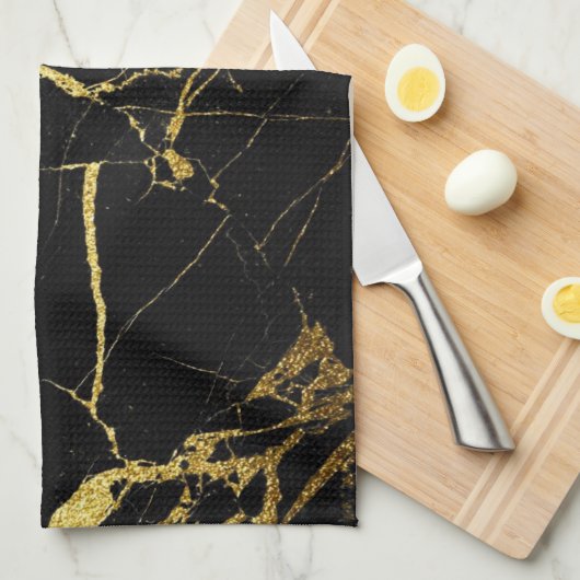 Sharp Black en Gold Marble Theedoek (Quarter Fold)