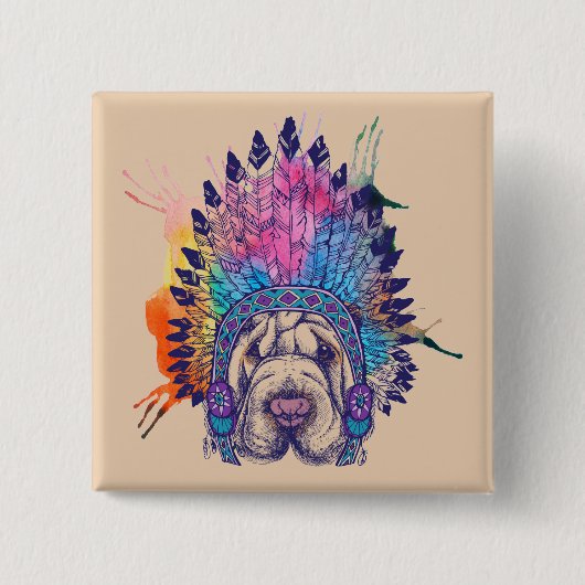 Sharpei Native American Indian Chief Vierkante Button 5,1 Cm (Voorkant)