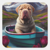 Sharpei op een peddel: Een Schilderachtig avontuur Vierkante Sticker (Voorkant)