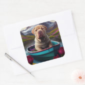 Sharpei op een peddel: Een Schilderachtig avontuur Vierkante Sticker (Envelop)