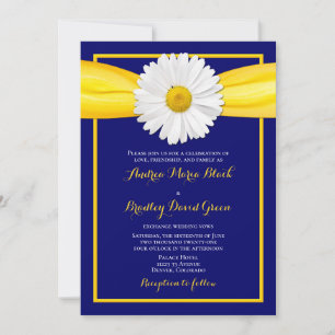 Shasta Daisy Yellow Ribbon Navy Wedding Invitation Kaart