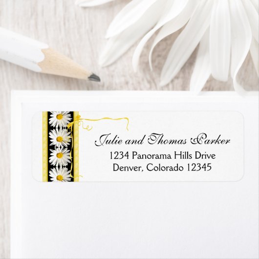 Shasta Daisy Zwart Goud Bruiloft Retouradres Etiket (Insitu)