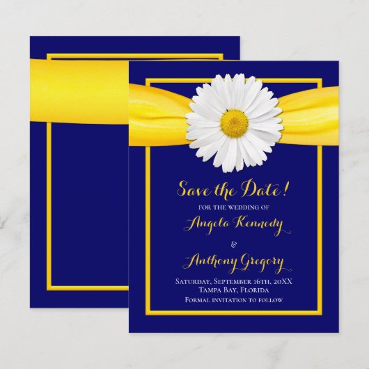 Shasta-Margriet Geel Lint Navy Blauw Huwelijk Save The Date (Voorkant / Achterkant)