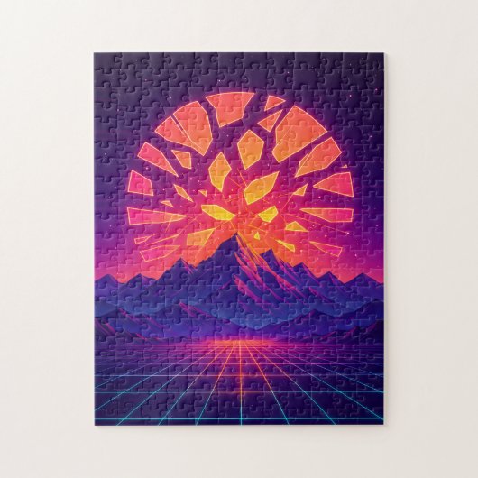 Shattered Neon Sun Over Synthwave Mountains  Legpuzzel (Verticaal)
