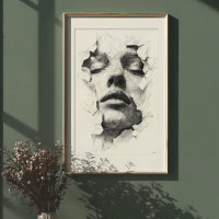Shattered Serenity: Monochrome lijnkunstgezicht